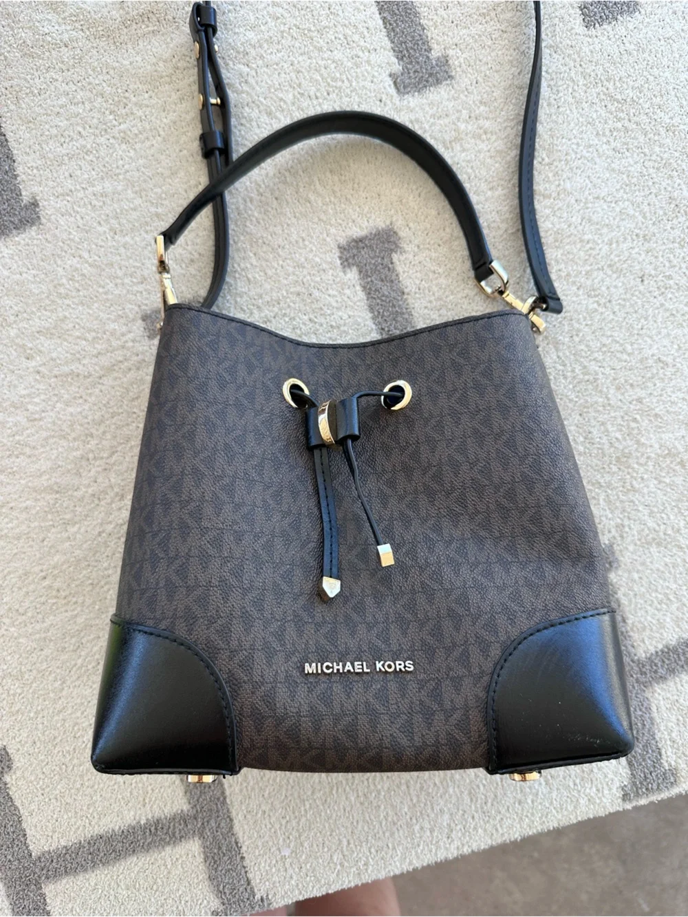 Michael Kors Brown Monogram Drawstring Shoulder Bag with Black Trim